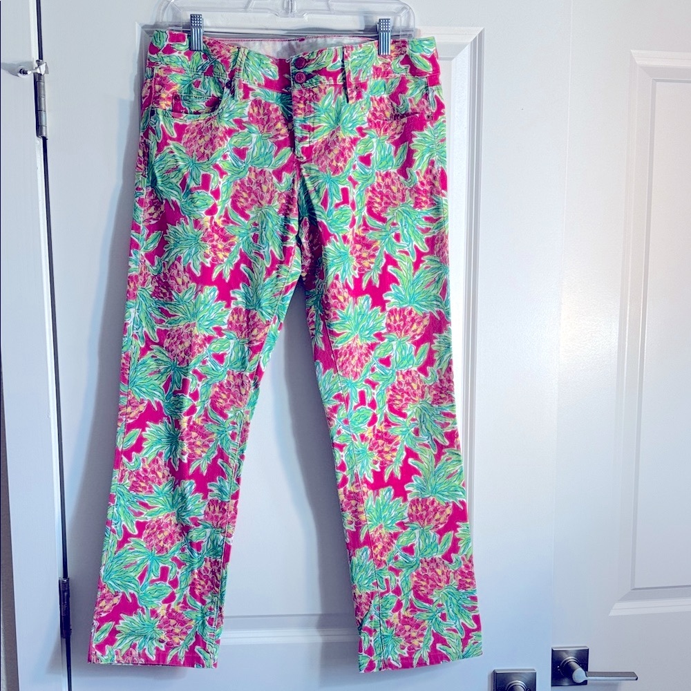 Lilly Pulitzer Pink and Green Floral Wide Leg Jeans